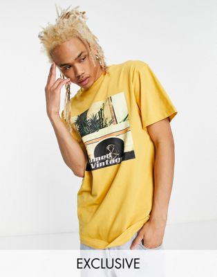 Reclaimed Vintage inspired t-shirt with car print in mustard