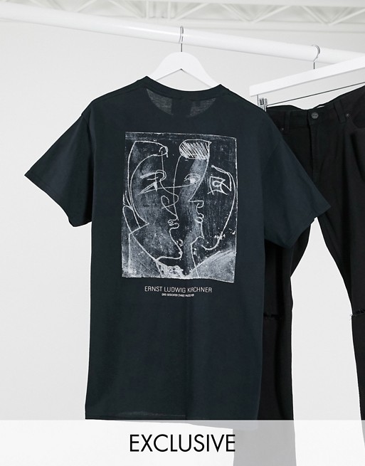 Reclaimed Vintage inspired t-shirt with front and back sketchy faces print in black