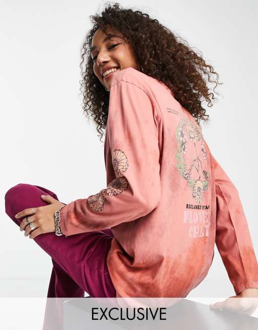 Reclaimed Vintage Inspired – T-shirt z długimi rękawami, nadrukiem i efektem tie-dye