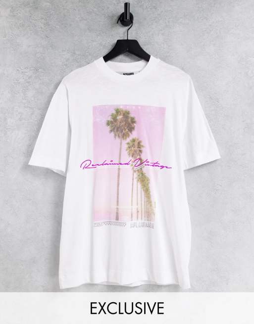 Reclaimed Vintage Inspired – T-shirt z grafiką z palmami z przodu – WHITE