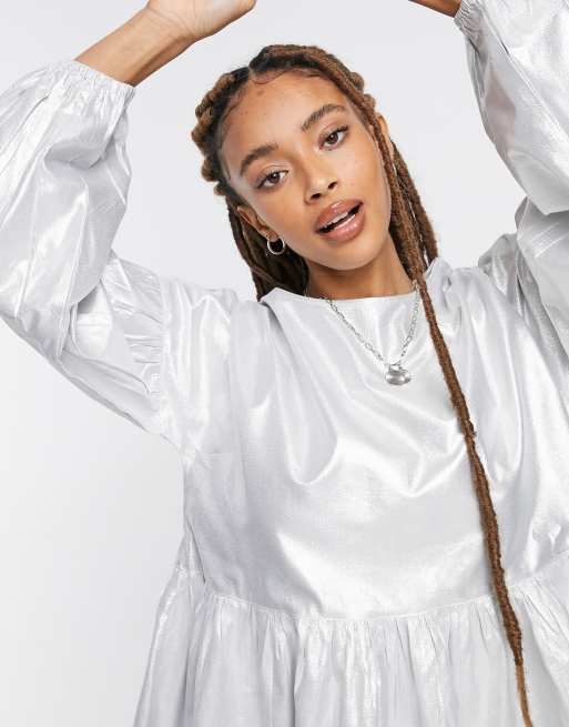 Reclaimed Vintage inspired taffeta mini smock dress in silver