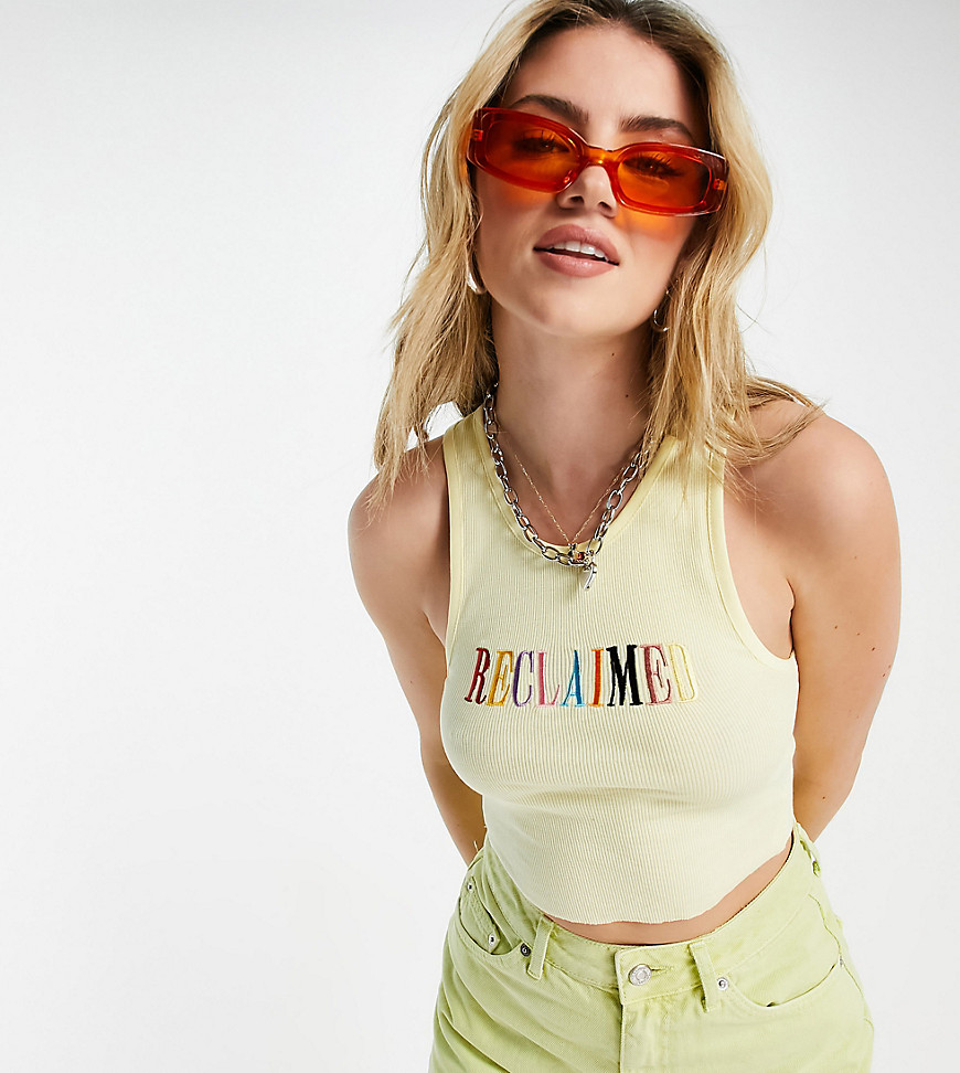 Reclaimed Vintage Inspired tank in yellow with rainbow embroidery