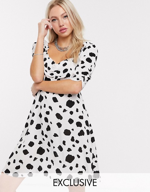 Reclaimed Vintage inspired tea dress with ruching front in dalmatian spot print