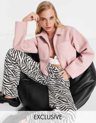 Reclaimed Vintage inspired teddy zip through shacket in pink