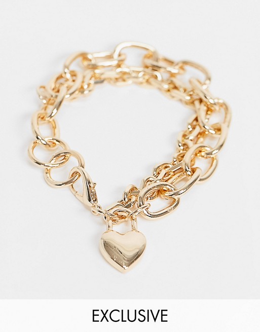 Reclaimed Vintage inspired chunky gold bracelet with heart pendant
