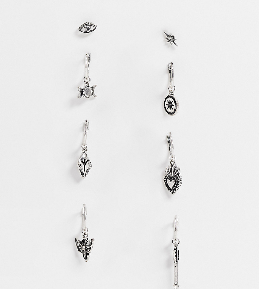 Reclaimed Vintage inspired the drop hoop and stud earring pack with sacred heart and arrow pendants-silver