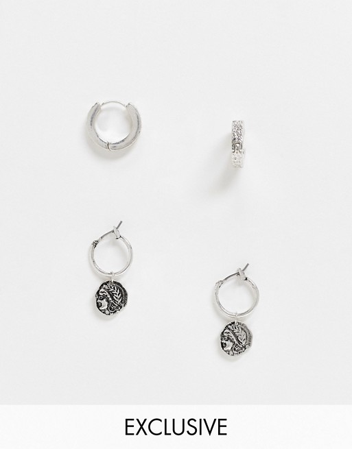 Reclaimed Vintage inspired the earring 2 pack with huggie and drop hoop st christopher charm in silver