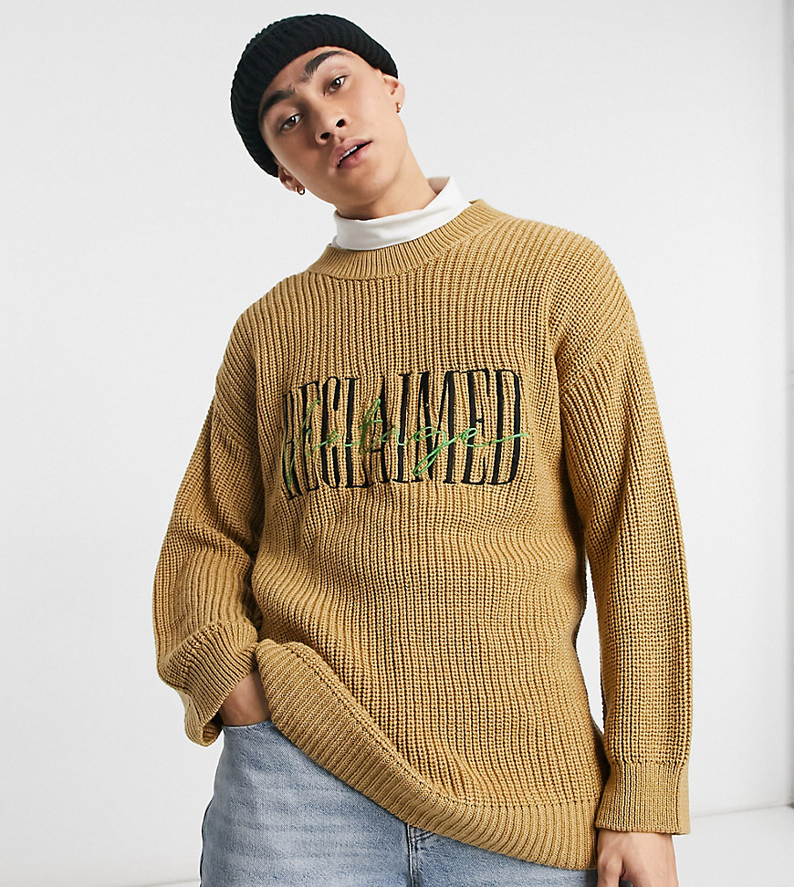 Reclaimed Vintage Inspired the knitted fisherman sweater with brand embroidery-Brown
