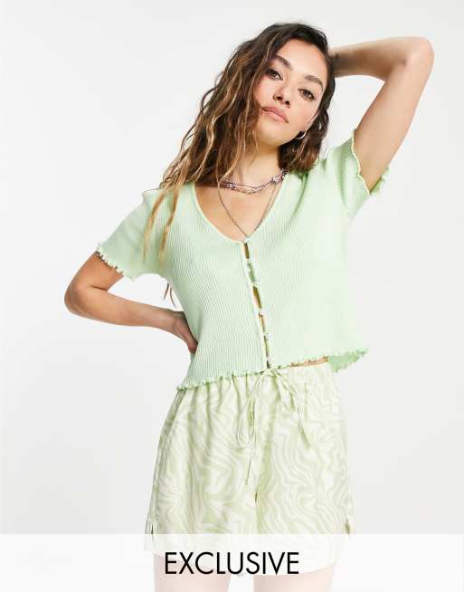 Reclaimed Vintage inspired the knitted lettuce edge crop top with pearl buttons in mint