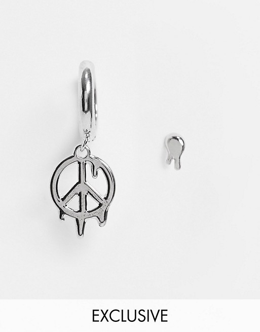 Reclaimed Vintage inspired the mis match earring set in silver with melted peace sign