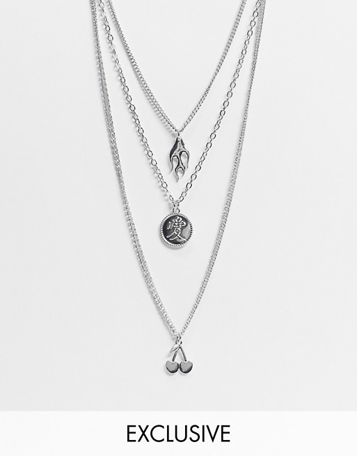 Reclaimed Vintage inspired the multipack of necklaces in silver with fire and cherry details