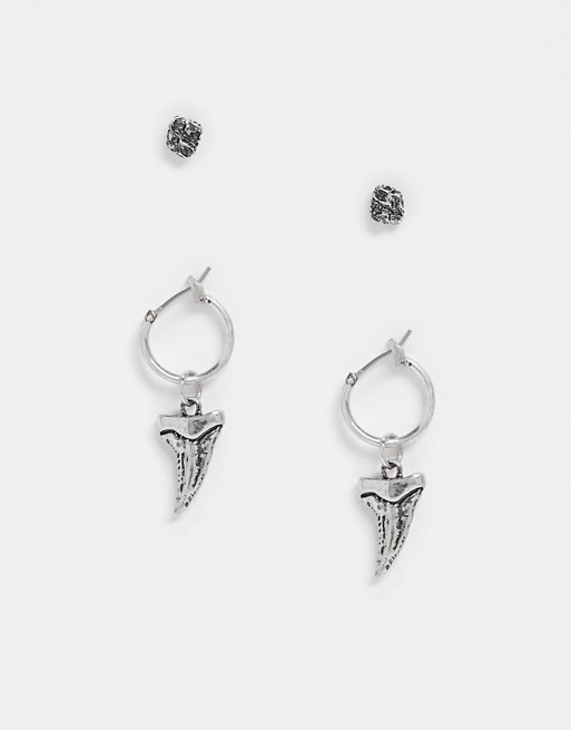 Reclaimed Vintage inspired the shark tooth and stud 2 pack of earrings in burnish silver