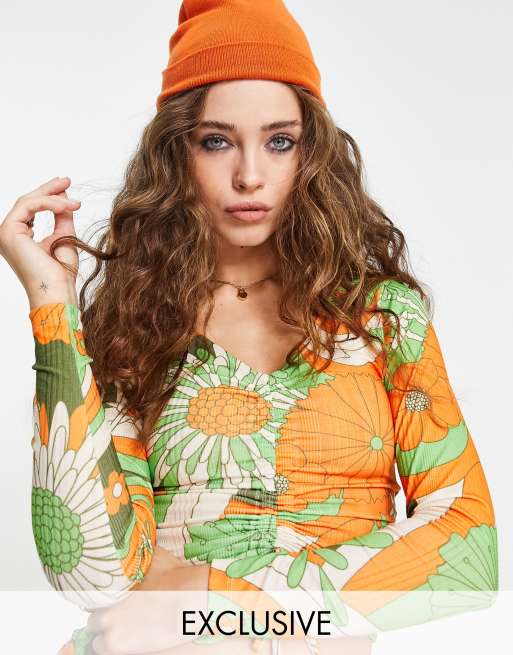 Reclaimed Vintage Inspired tie detail top in retro floral print (part of a set)
