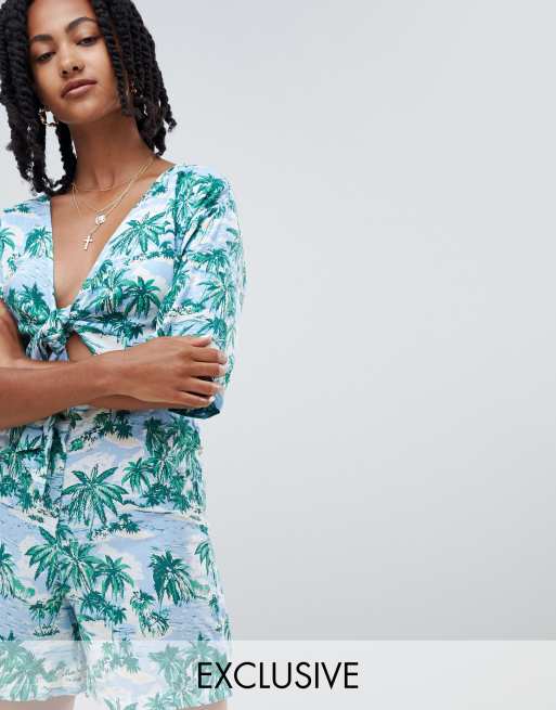 Reclaimed Vintage inspired tie front playsuit in hawaiian print