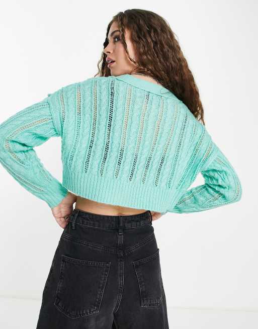 Reclaimed Vintage Inspired tie front pointelle cardigan in mint green, 3 of 4