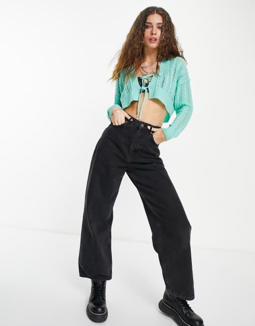 Reclaimed Vintage Inspired tie front pointelle cardigan in mint green, 4 of 4