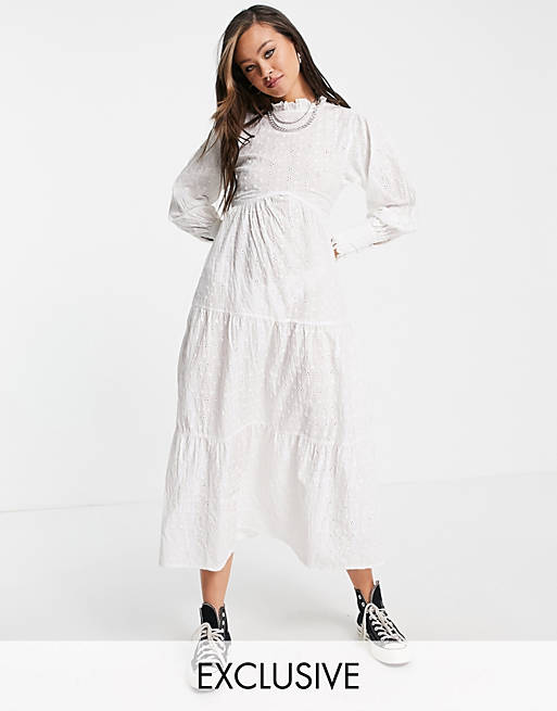 Reclaimed Vintage inspired tiered midi smock dress with open back in white broderie