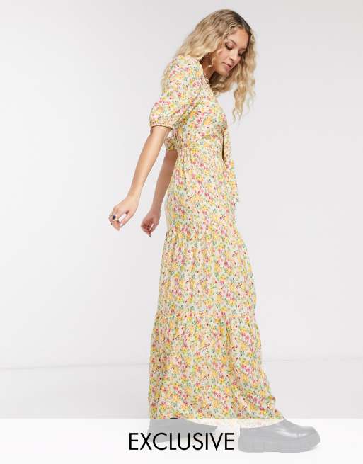 Reclaimed Vintage inspired tiered smock maxi dress with tie front