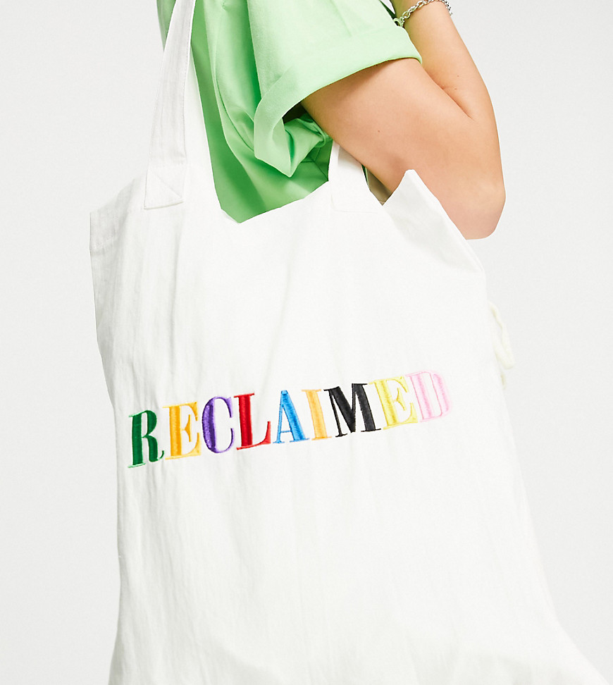 Reclaimed Vintage inspired tote bag with rainbow logo embroidery in white