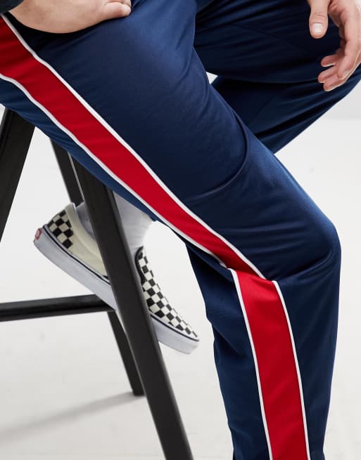 Navy pants red stripe store