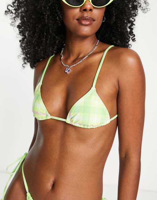Reclaimed Vintage inspired triangle bikini top in green gingham
