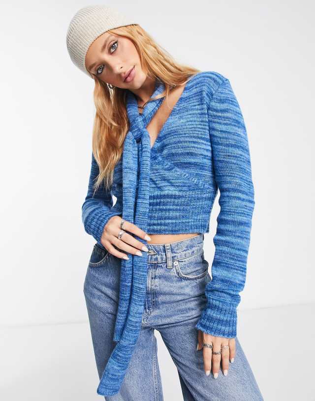 Reclaimed Vintage inspired twist front crop sweater with skinny scarf in blue