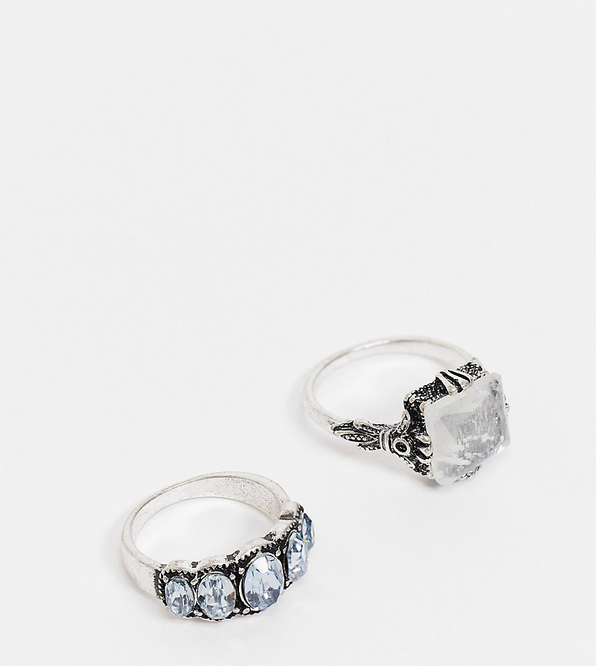 Reclaimed Vintage inspired two pack of rings in burnished silver with stones
