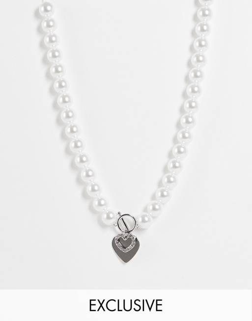 Reclaimed Vintage - Inspired - Ultimate y2k - Uniseks ketting met imitatieparels en hart in zilver