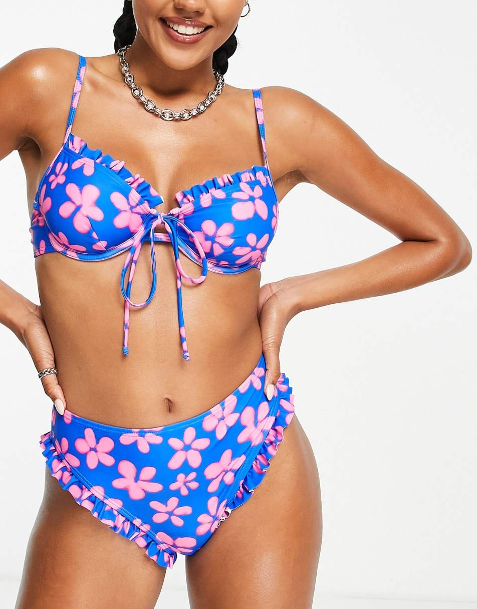 Reclaimed Vintage inspired underwired bikini top with frill in blue and pink floral print - MULTI