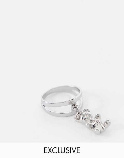 Reclaimed Vintage - Inspired - Uniseks ring met dubbele band en beertje in zilver