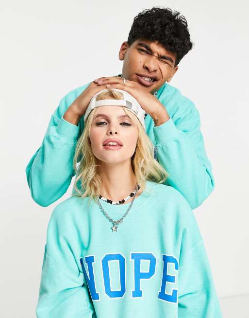 Reclaimed Vintage Inspired - Uniseks sweater met ronde hals en 'Nope'-slogan in turkoois