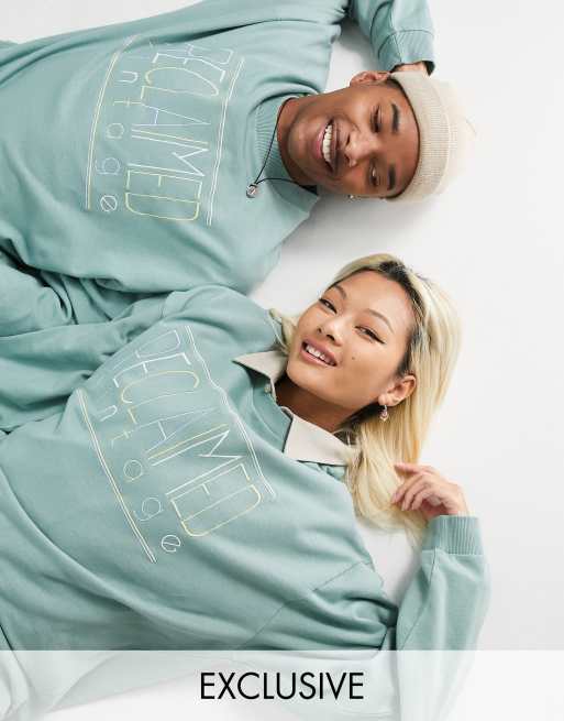 Reclaimed Vintage Inspired - Uniseks sweatshirt met pastelkleurig borduursel in saliegroen, deel van co-ord set