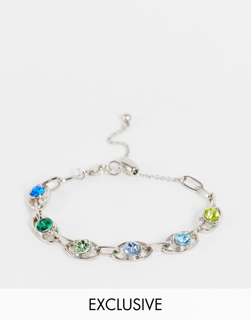 Reclaimed Vintage inspired unisex 90's chain bracelet with multicolored stones in silver