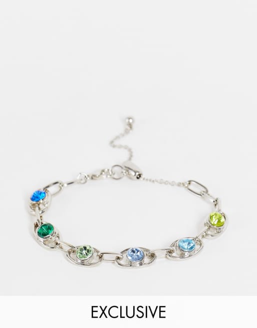 Reclaimed Vintage inspired unisex 90's chain bracelet with multicoloured stones in silver