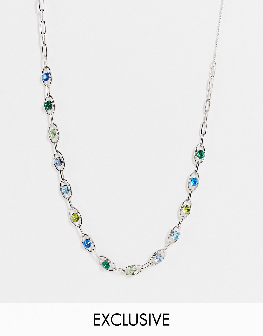 Reclaimed Vintage inspired unisex 90's chain necklace with multicolored stones in silver