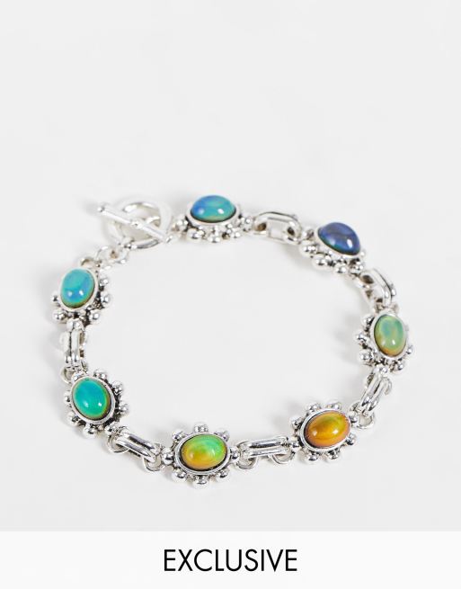 Reclaimed Vintage Inspired – Unisex-Armband in Y2K-Grunge-Optik mit Stimmungssteinen und silberfarbener Kette mit T-Steg 