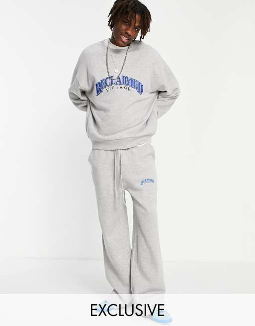 Reclaimed Vintage Inspired unisex baggy dad sweatpants with contrast logo  in gray heather set