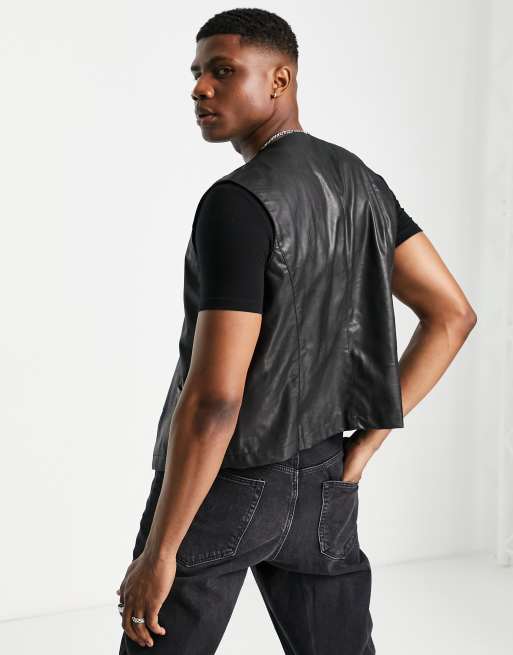 Reclaimed Vintage Inspired unisex black leather look vest ASOS