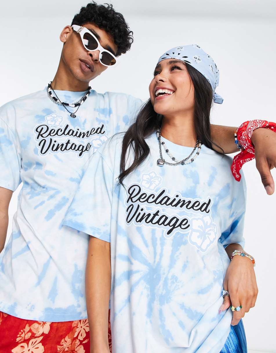 Reclaimed Vintage inspired unisex blue tie dye t-shirt with logo print in blue