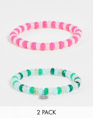 Reclaimed Vintage inspired unisex bracelet 2 pack with smiley charm in pink and green