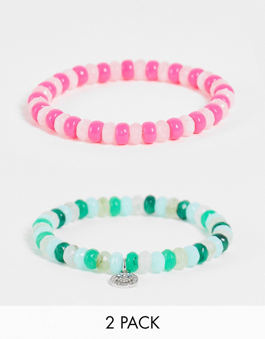 Reclaimed Vintage inspired unisex bracelet 2 pack with smiley charm in pink and green-Multi
