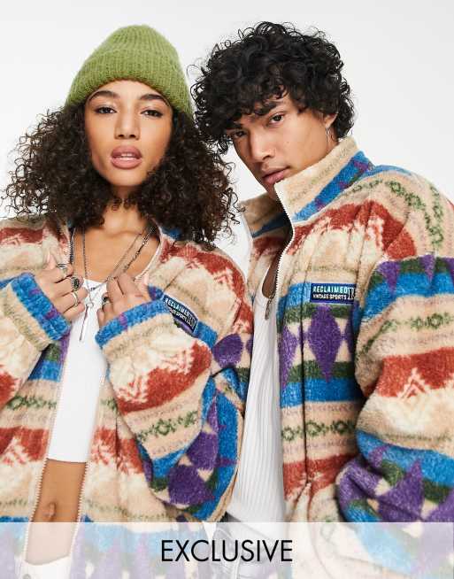 Reclaimed Vintage Inspired Unisex – Brązowa polarowa kurtka koszulowa oversize z kożuszka z nadrukiem i zapięciem na zamek