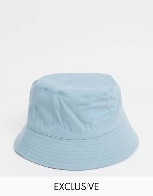 Reclaimed Vintage Inspired unisex bucket hat with logo embroidery in washed blue