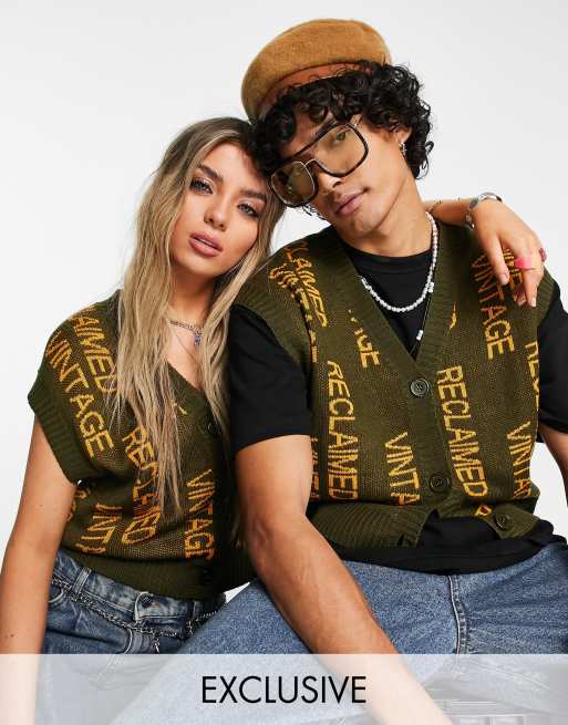 Reclaimed Vintage inspired unisex button front vest in logo print ASOS
