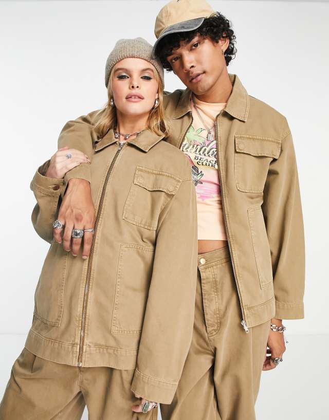 Reclaimed Vintage Inspired unisex carpenter jacket in khaki