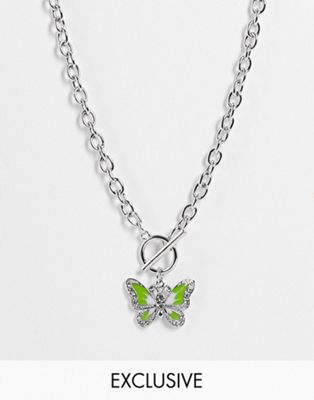 Reclaimed Vintage inspired unisex chain necklace with butterfly charm in silver