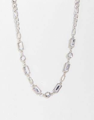 Reclaimed Vintage inspired unisex chain necklace with faux crystal in silver