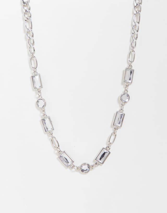 Reclaimed Vintage Inspired unisex chain necklace with faux crystal in silver