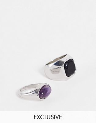 Reclaimed Vintage inspired unisex chunky 90's grunge semi precious stone rings in silver 2 pack