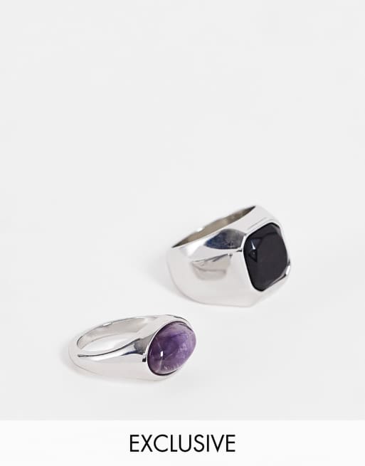 Reclaimed Vintage inspired unisex chunky 90 s grunge semi precious stone rings in silver 2 pack